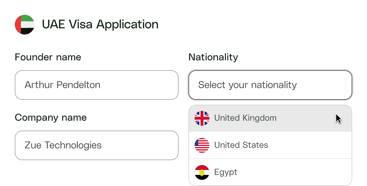 UAE visa application form with nationality selection